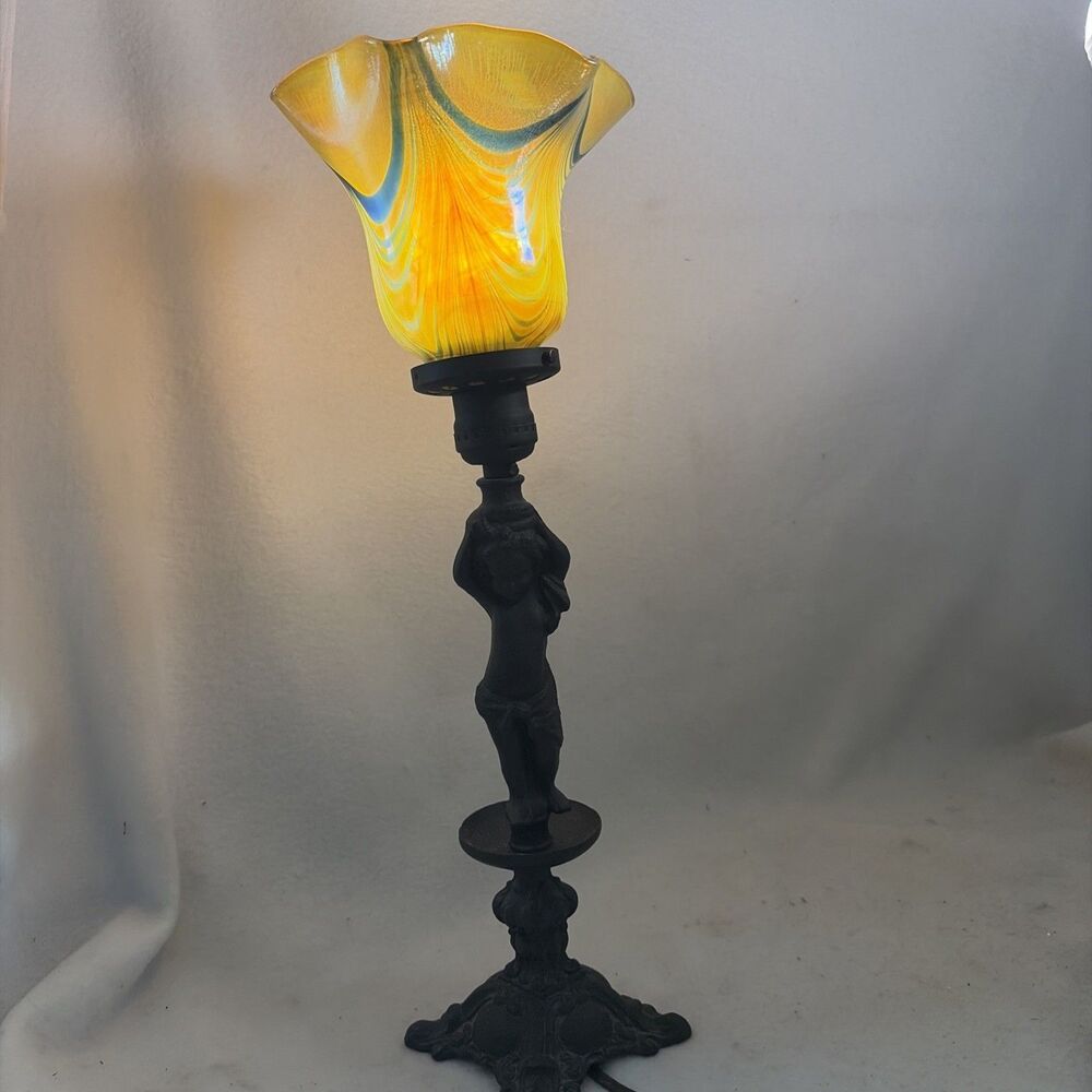 Cherub Figural Table Lamp Tiffany Meyda Glass Shade Art Nouveau Victorian Angel